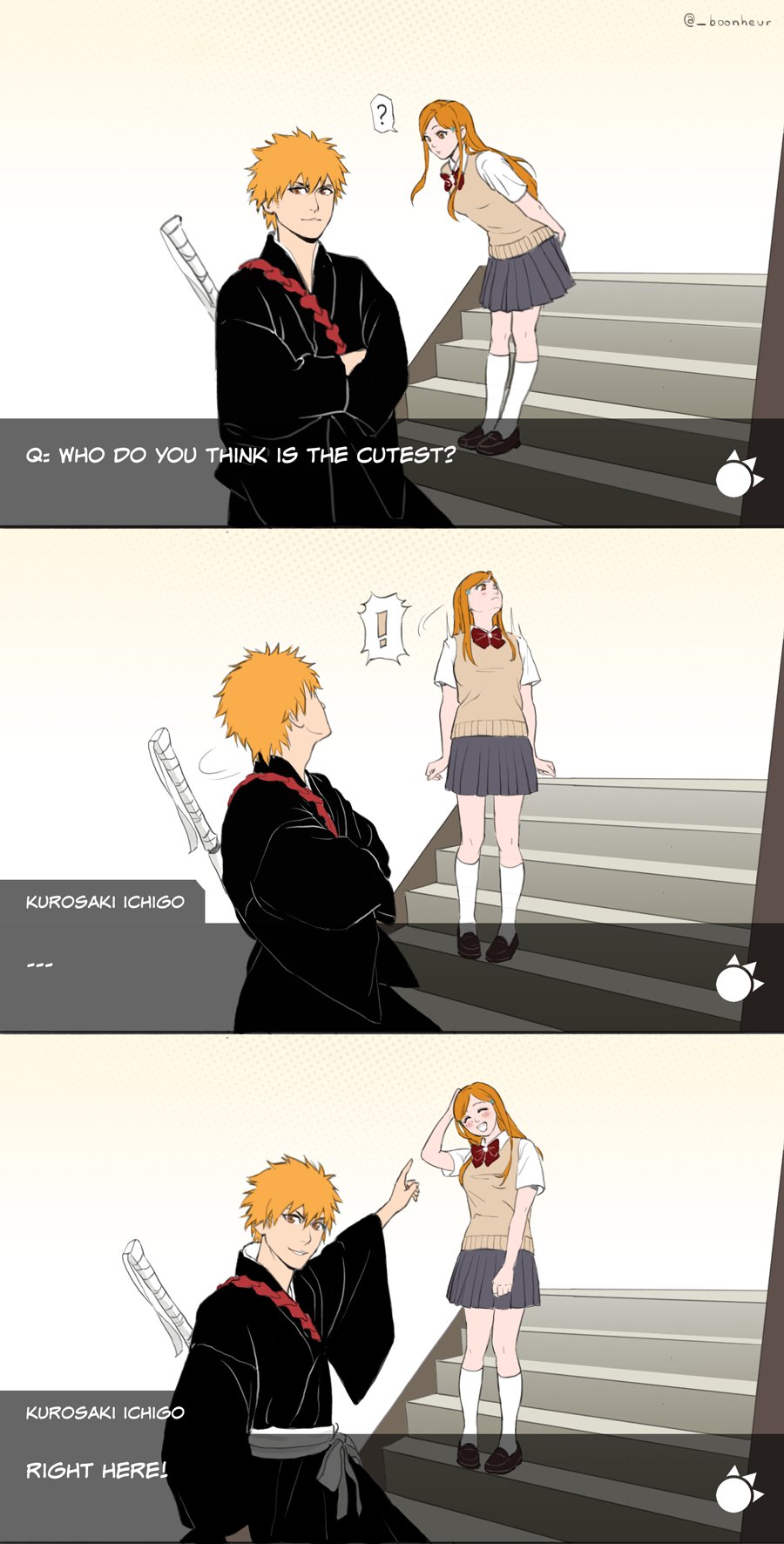 boonheur, inoue orihime, kurosaki ichigo, bleach, commentary, english commentary, photo-referenced, !, 1boy, 1girl, 2024, arm behind head, artist name, breasts, brown eyes, character name, closed eyes, crossed arms, english text, hair ornament, hairclip, japanese clothes, karakura high school uniform, knee socks, large breasts, light blush, long hair, orange hair, pointing, pointing at another, ribbon, school uniform, shihakusho, shoes, short hair, skirt, snowflake hair ornament, stairs, standing, sword, weapon, wide sleeves, zangetsu (shikai), zanpakutou
