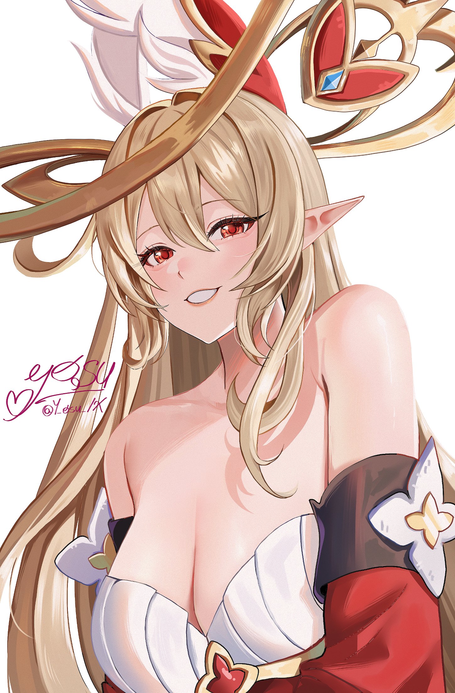 y osu, alice (genshin impact), genshin impact, blonde hair, breasts, cleavage, dress, elf, hair ornament, large breasts, long hair, pointy ears, red dress, red eyes, smile