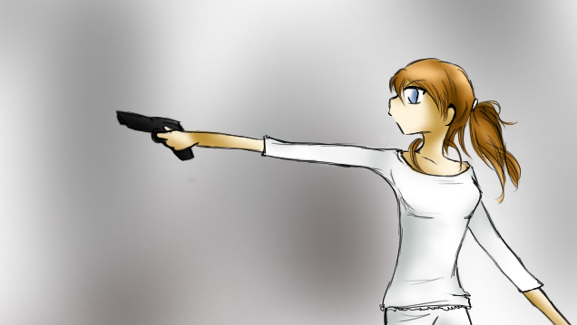 original, artistic error, blue eyes, brown hair, gun, handgun, pistol, poorly drawn, skinny, solo, weapon