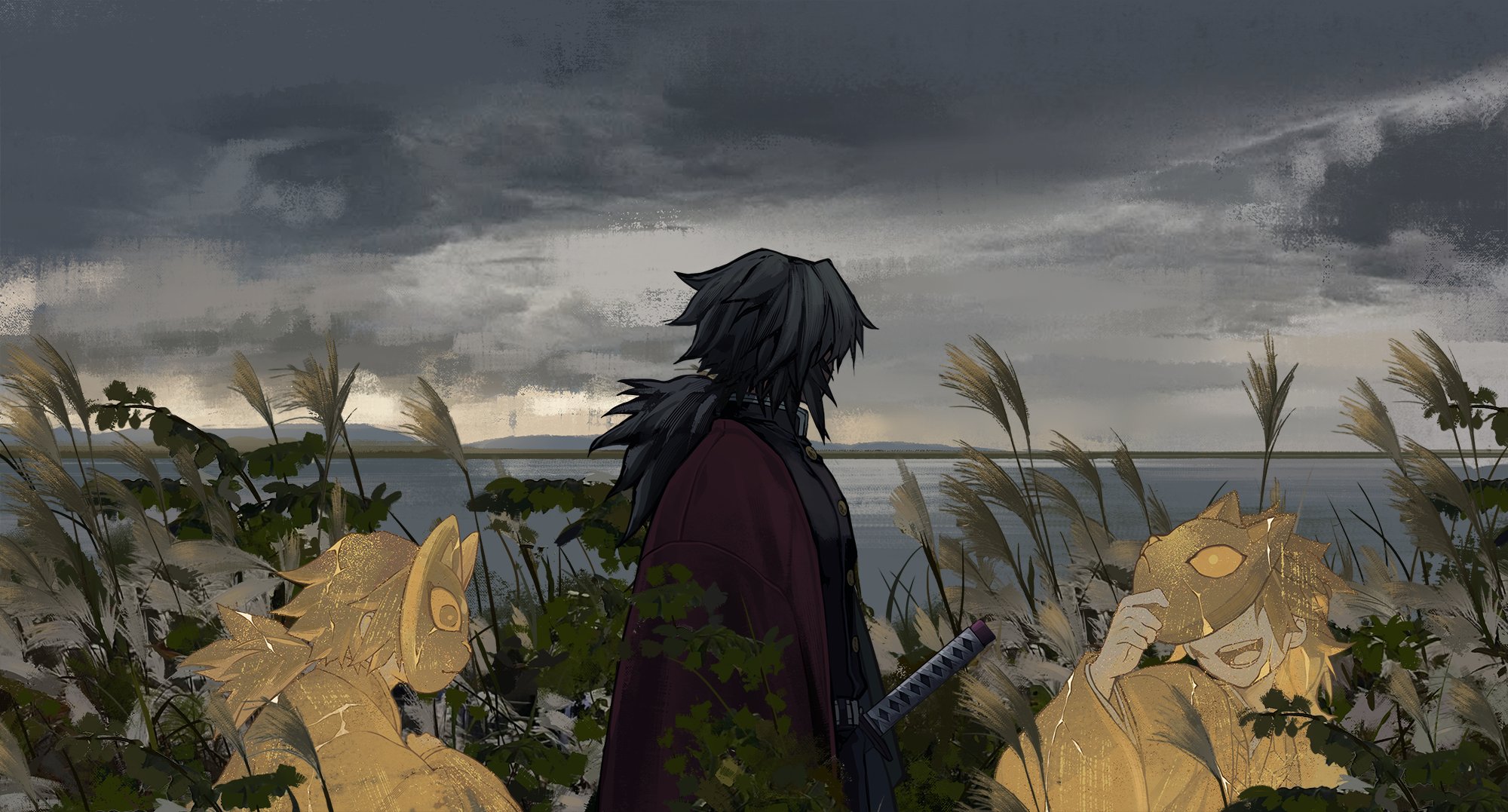 tomioka giyuu, kimetsu no yaiba, highres, 3boys, belt, black hair, black jacket, black pants, buttons, demon slayer uniform, fox mask, gold buttons, haori, high collar, jacket, japanese clothes, katana, long hair, low ponytail, male focus, mask, multiple boys, ocean, open mouth, outdoors, pants, ponytail, red haori, smile, spiked hair, standing, sword, teeth, tongue, weapon, whd5er, white belt