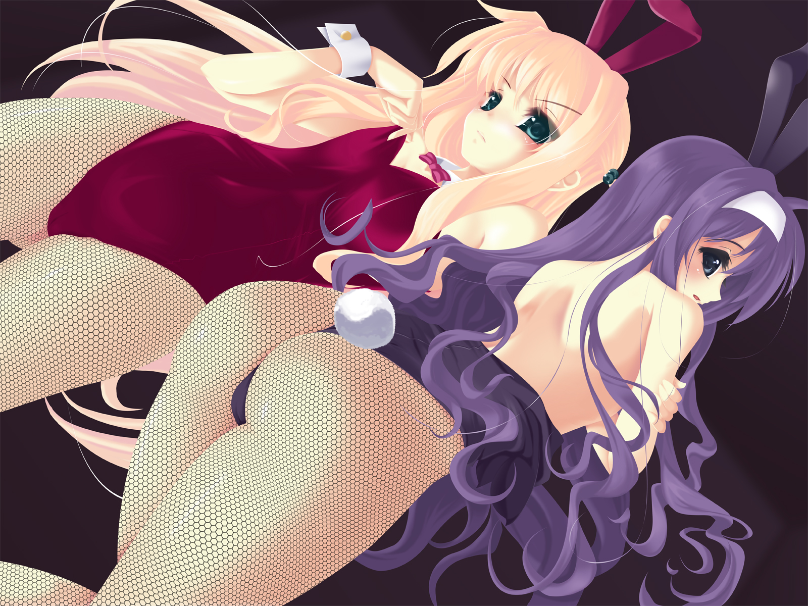frapowa, arisa bunnings, tsukimura suzuka, lyrical nanoha, mahou shoujo lyrical nanoha, mahou shoujo lyrical nanoha strikers, highres, 00s, 2girls, animal ears, ass, bare shoulders, black leotard, blonde hair, blue eyes, dutch angle, fake animal ears, fishnet pantyhose, fishnets, green eyes, leotard, long hair, looking back, multiple girls, pantyhose, playboy bunny, purple hair, rabbit ears, rabbit tail, red leotard, tail, thong