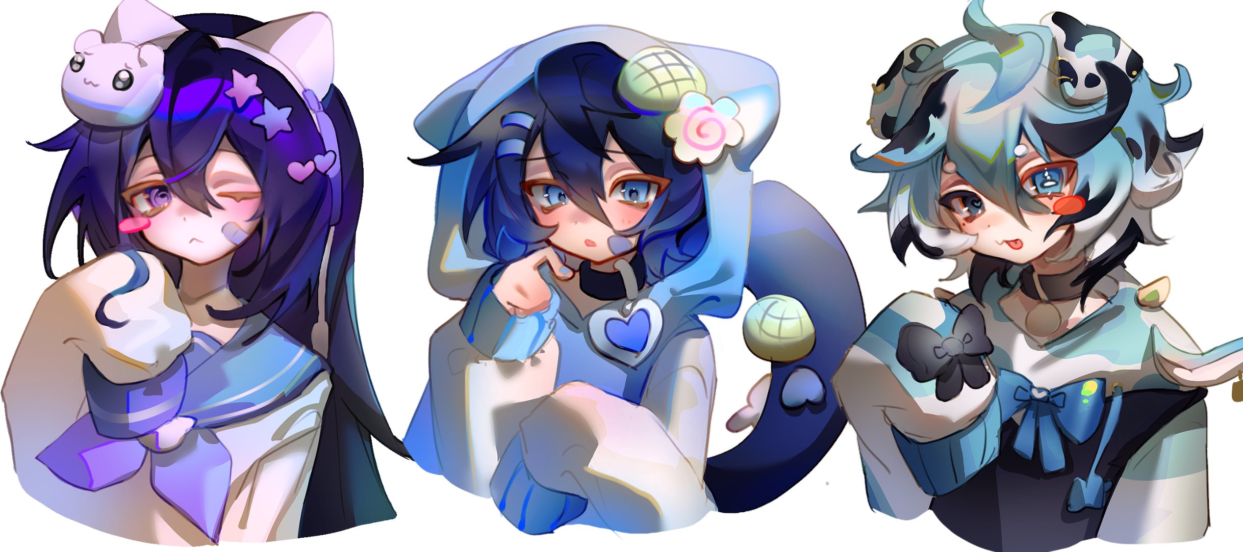 cloud (lufaeris), original, commentary, commission, english commentary, highres, 1girl, 2boys, animal ear hood, animal ears, animal hood, black shirt, black streaks, blue eyes, blue hair, closed mouth, cropped torso, double-parted bangs, fake animal ears, hair between eyes, hair ornament, hand up, hood, long hair, long sleeves, looking at viewer, multicolored hair, multiple boys, open mouth, purple eyes, purple hair, shirt, short hair, simple background, star (symbol), star hair ornament, streaked hair, tongue, tongue out, white background, white shirt