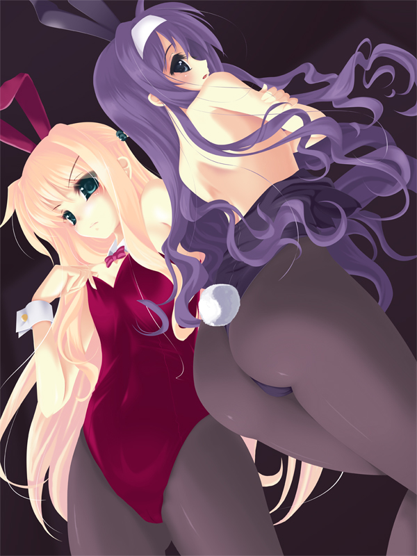 frapowa, arisa bunnings, tsukimura suzuka, lyrical nanoha, mahou shoujo lyrical nanoha, mahou shoujo lyrical nanoha strikers, 00s, 2girls, animal ears, ass, bare shoulders, blonde hair, blue eyes, fake animal ears, green eyes, leotard, long hair, looking back, multiple girls, pantyhose, playboy bunny, purple hair, rabbit ears, rabbit tail, tail, thong, thong leotard
