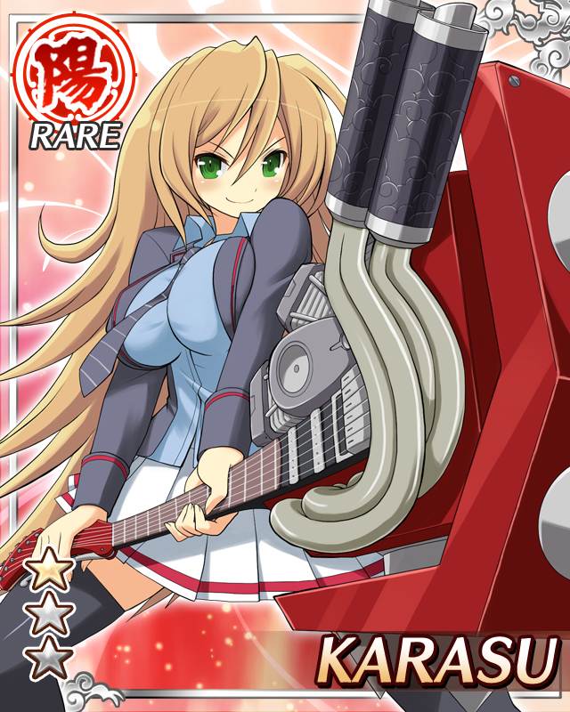 karasu (senran kagura), senran kagura, senran kagura new wave, game cg, official art, 1girl, black coat, black necktie, black thighhighs, blue shirt, border, breasts, brown hair, card (medium), character name, closed mouth, coat, diagonal-striped clothes, diagonal-striped necktie, electric guitar, english text, green eyes, guitar, holding, holding guitar, holding instrument, instrument, large breasts, long hair, looking at viewer, necktie, open clothes, open coat, pleated skirt, shirt, skindentation, skirt, smile, solo, striped clothes, thighhighs, white skirt