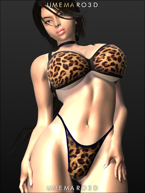 umemaro, sugimoto shouko, inran shinsatsushitsu, original, umemaro 3d, hand on thigh, 1girl, 3d, animal print, artist name, bikini, black hair, breasts, choker, female focus, from below, grey background, highleg, highleg leotard, large breasts, leopard print, leotard, lipstick, long hair, looking at viewer, makeup, navel, simple background, solo, swimsuit, tan, underboob