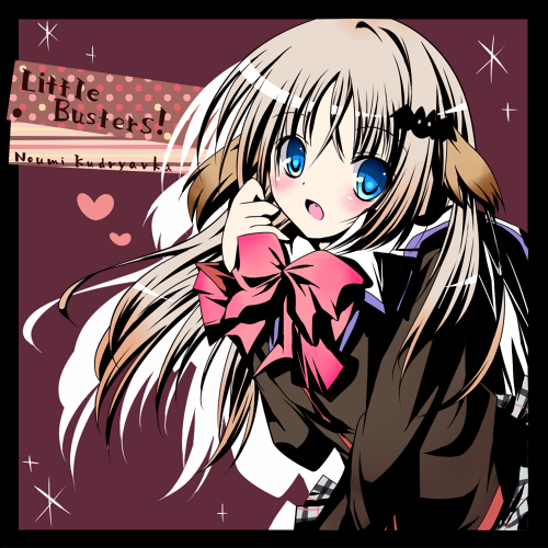 kurokoke, noumi kudryavka, little busters!, lowres, 1girl, animal ears, blonde hair, blue eyes, bow, dog ears, fang, female focus, high contrast, long hair, pink bow, school uniform, solo
