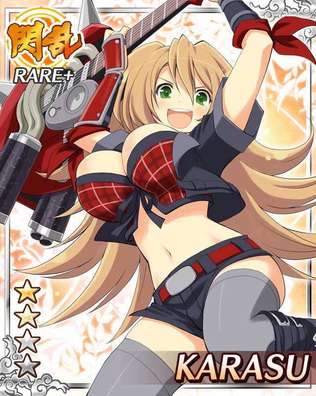 karasu (senran kagura), senran kagura, senran kagura new wave, game cg, official art, 1girl, :d, arm guards, arms up, black coat, black shorts, border, breasts, brown hair, card (medium), character name, coat, crop top, cropped coat, electric guitar, english text, green eyes, grey thighhighs, guitar, holding, holding guitar, holding instrument, instrument, large breasts, long hair, looking at viewer, midriff, navel, open mouth, plaid clothes, plaid vest, red vest, shorts, skindentation, smile, solo, thighhighs, vest