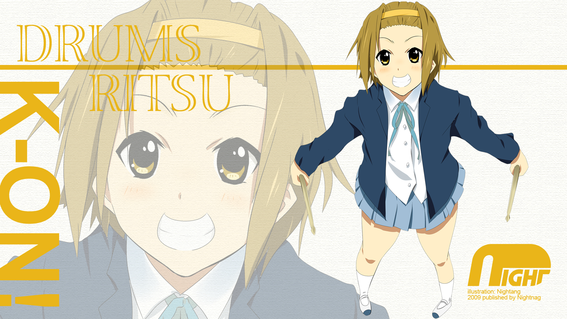 nightang, tainaka ritsu, k-on!, highres, 00s, 1girl, brown eyes, brown hair, drumsticks, female focus, grin, hairband, looking up, school uniform, short hair, smile, solo, tomboy, zoom layer