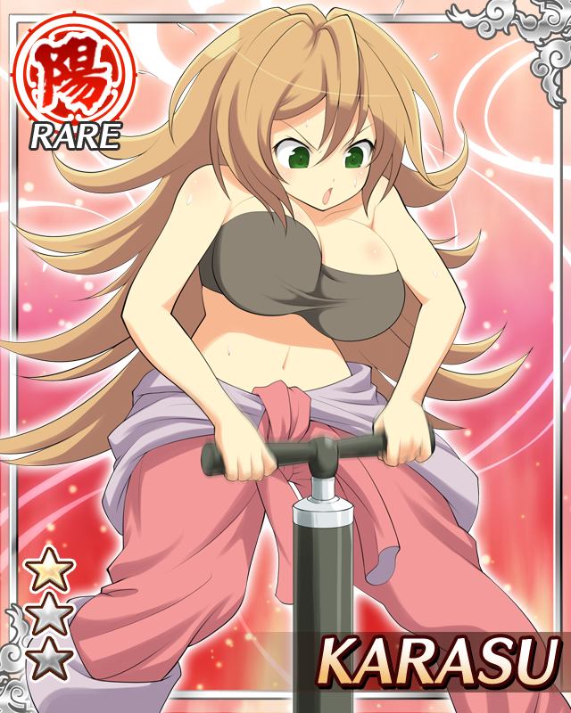 karasu (senran kagura), senran kagura, senran kagura new wave, game cg, official art, 1girl, :o, air pump, border, bouncing breasts, breasts, brown hair, brown tube top, card (medium), character name, cleavage, english text, green eyes, jumpsuit, jumpsuit around waist, large breasts, long hair, looking down, navel, pink jumpsuit, pump, solo, strapless, sweat, tube top