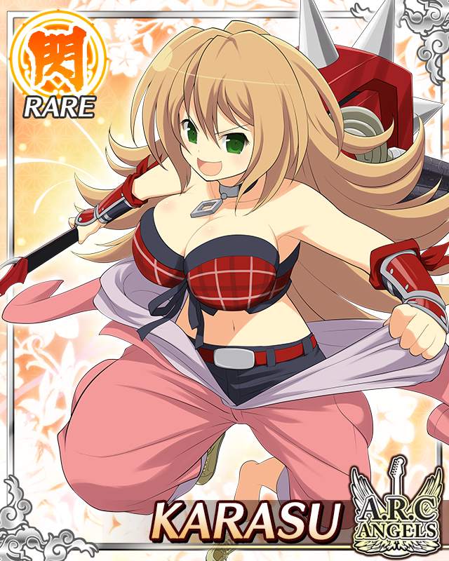 karasu (senran kagura), senran kagura, senran kagura new wave, game cg, official art, 1girl, arm guards, black coat, black shorts, border, breasts, brown hair, card (medium), character name, coat, crop top, cropped coat, electric guitar, english text, green eyes, grey thighhighs, guitar, holding, holding guitar, holding instrument, instrument, jumpsuit, jumpsuit partially removed, large breasts, long hair, looking at viewer, midriff, navel, open mouth, pink jumpsuit, plaid clothes, plaid vest, red vest, shorts, skindentation, smile, solo, thighhighs, vest