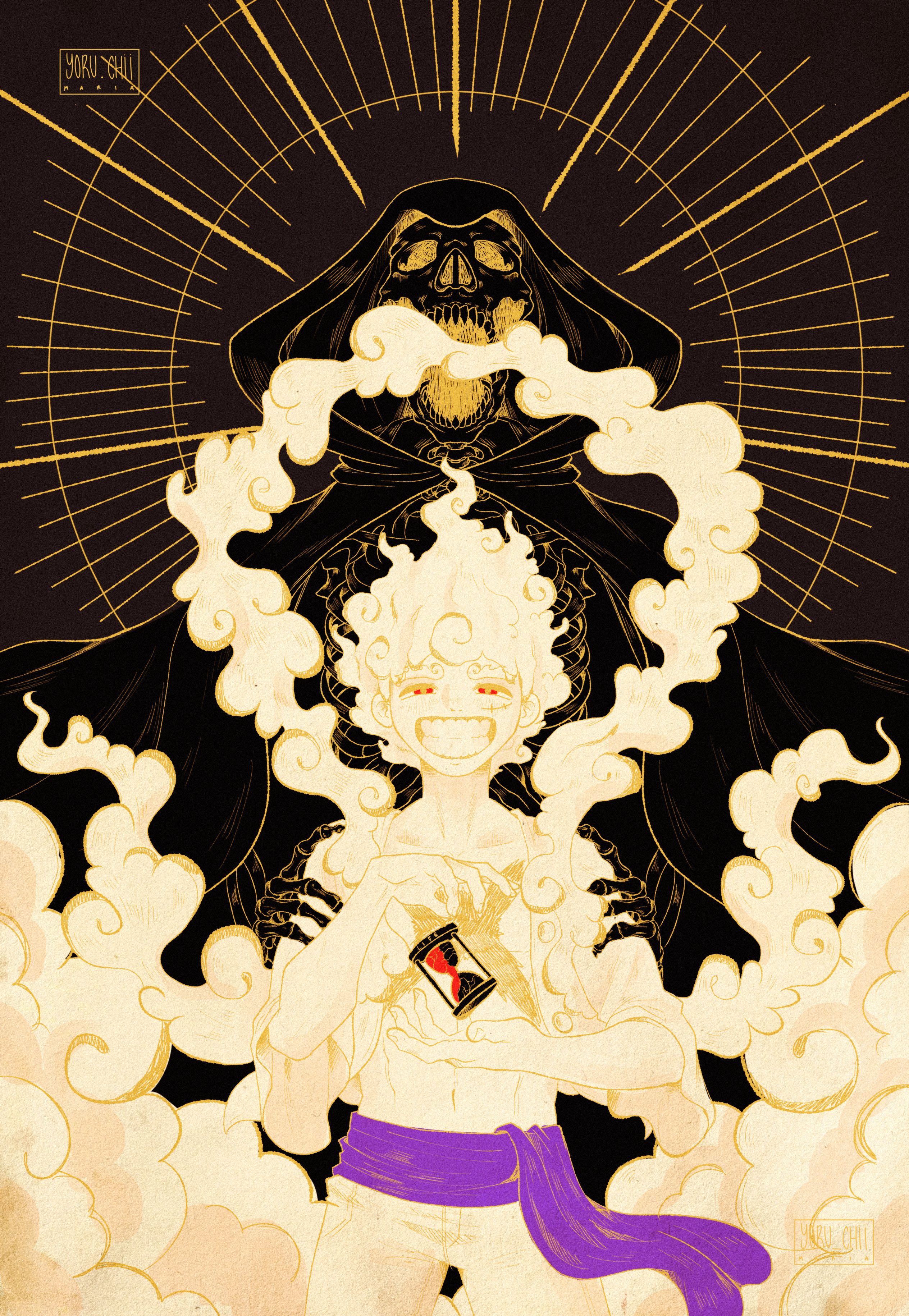 maria (yoru chii), monkey d. luffy, one piece, absurdres, alt text, commentary, english commentary, highres, 1boy, 1other, cape, devil fruit power, facial scar, gear fifth, grin, hagoromo, hands on another's shoulders, hood, hood up, hooded cape, looking at viewer, male focus, open mouth, purple sash, red eyes, sash, scar, scar on cheek, scar on face, shawl, skeleton, smile, standing, teeth, transformation, white hair