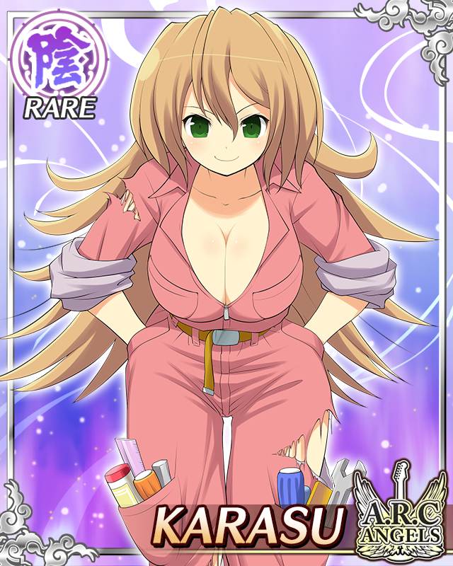 karasu (senran kagura), senran kagura, senran kagura new wave, game cg, official art, 1girl, border, breasts, brown hair, card (medium), character name, cleavage, closed mouth, english text, green eyes, hands in pockets, jumpsuit, large breasts, leaning forward, long hair, object in pocket, partially unzipped, pink jumpsuit, pocket, sleeves rolled up, smile, solo, tools, torn clothes, torn jumpsuit