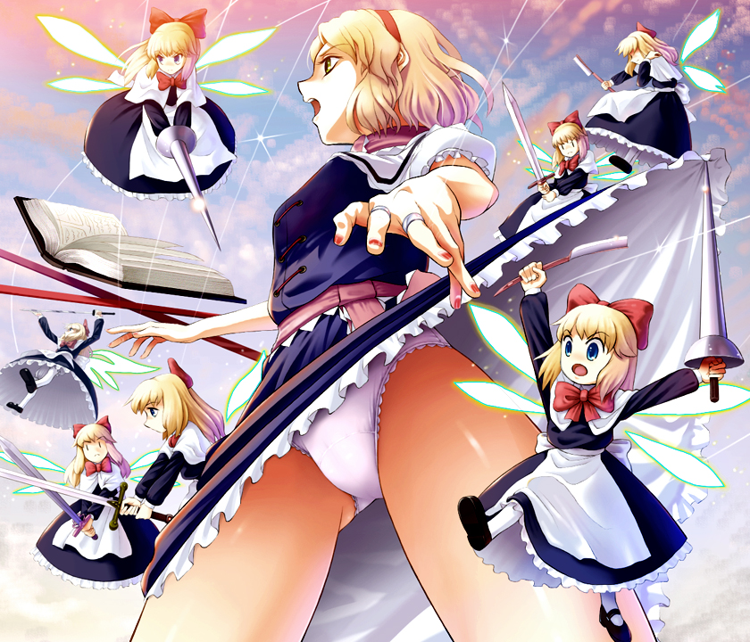 nemuo, alice margatroid, hourai doll, shanghai doll, touhou, 1girl, blonde hair, clothes lift, doll, dress, dress lift, female focus, lance, nail polish, panties, pantyshot, polearm, razor, red nails, short hair, solo, string, sword, underwear, upskirt, weapon