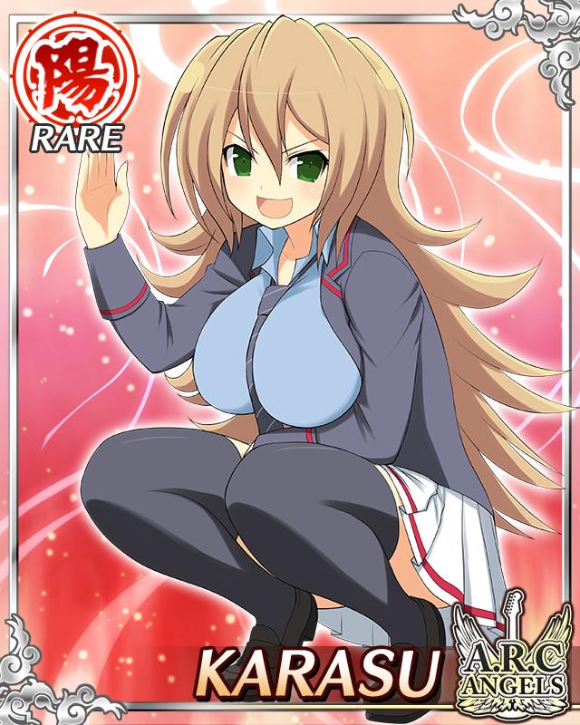 karasu (senran kagura), senran kagura, senran kagura new wave, game cg, official art, 1girl, :d, black coat, black necktie, black thighhighs, blue shirt, border, breasts, brown hair, card (medium), character name, coat, diagonal-striped clothes, diagonal-striped necktie, english text, green eyes, large breasts, long hair, looking at viewer, necktie, open clothes, open coat, open mouth, pleated skirt, shirt, skindentation, skirt, smile, solo, squatting, striped clothes, thighhighs, waving, white skirt