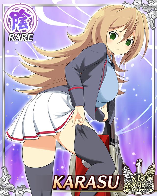 karasu (senran kagura), senran kagura, senran kagura new wave, game cg, official art, 1girl, adjusting clothes, adjusting legwear, black coat, black necktie, black thighhighs, blue shirt, border, breasts, brown hair, card (medium), character name, closed mouth, coat, diagonal-striped clothes, diagonal-striped necktie, electric guitar, english text, from behind, green eyes, guitar, holding, holding guitar, holding instrument, instrument, large breasts, light frown, long hair, necktie, open clothes, open coat, pleated skirt, shirt, skindentation, skirt, solo, striped clothes, thighhighs, white skirt