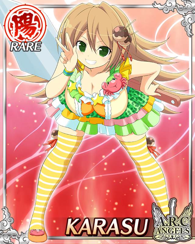 karasu (senran kagura), senran kagura, senran kagura new wave, game cg, official art, 1girl, border, breasts, brown hair, card (medium), character name, cleavage, english text, green eyes, grin, holding, holding spatula, idol clothes, large breasts, leaning forward, long hair, looking at viewer, multicolored skirt, skindentation, skirt, smile, solo, spatula, takoyaki hair ornament, thighhighs, v, yellow thighhighs