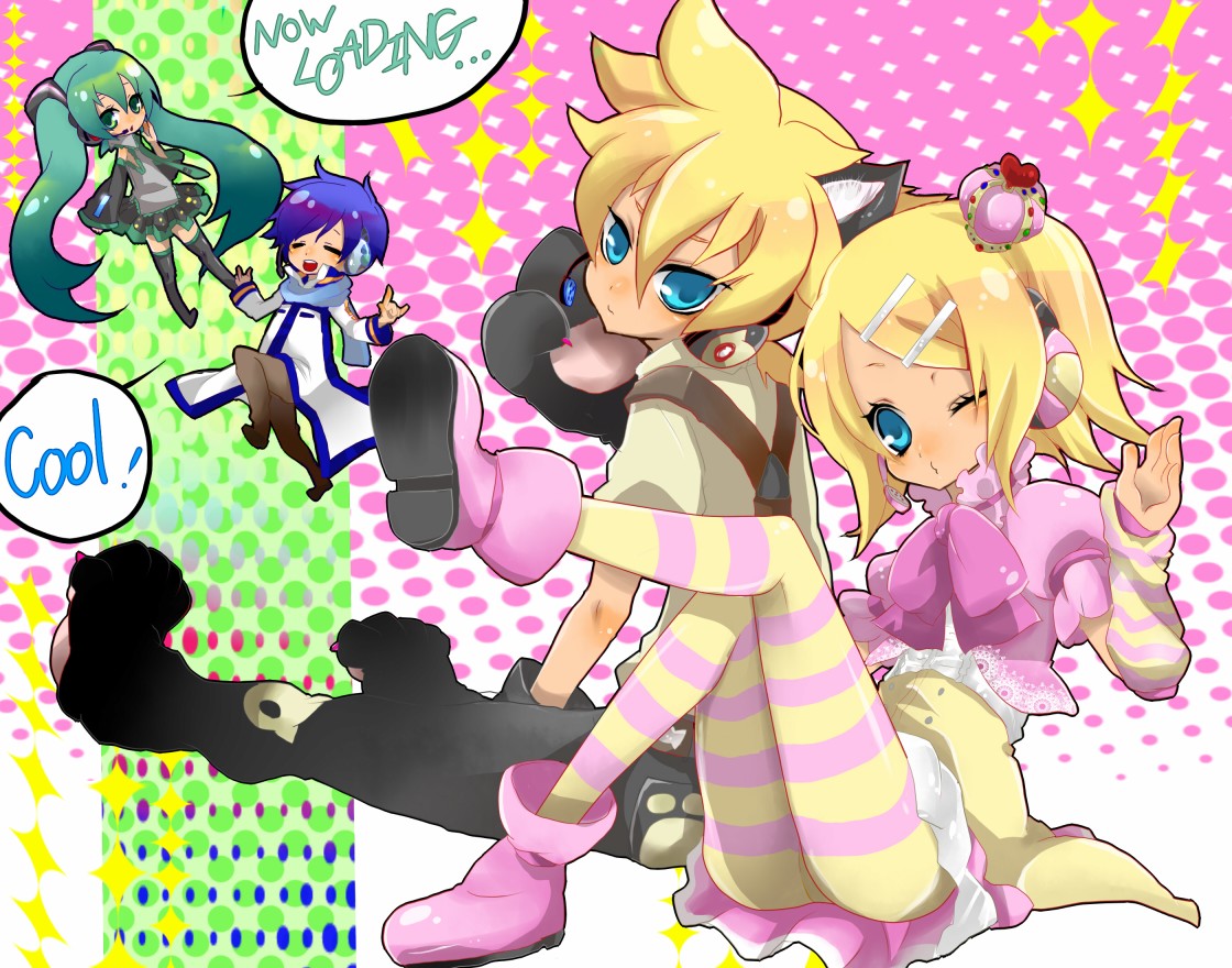 nata, hatsune miku, hatsune miku (nyan ko), kagamine len, kagamine rin, kaito (vocaloid), project diva, project diva (series), vocaloid, multicolored legwear, pink legwear, striped legwear, yellow legwear, bad id, bad pixiv id, 2boys, 2girls, animal ears, aqua eyes, aqua hair, ass, blonde hair, blue eyes, blue hair, blue scarf, cat ears, cosplay, crown, detached sleeves, gloves, hair ornament, hairclip, hatsune miku (cosplay), headphones, headset, long hair, multiple boys, multiple girls, necktie, panties, panties under pantyhose, pantyhose, pink shoes, scarf, shoes, short hair, siblings, skirt, striped clothes, striped pantyhose, thighhighs, twins, twintails, underwear