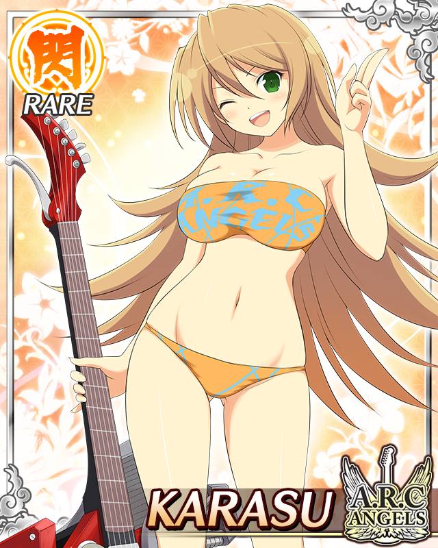 karasu (senran kagura), senran kagura, senran kagura new wave, game cg, official art, 1girl, :d, arm at side, arm up, bikini, border, breasts, brown hair, card (medium), character name, electric guitar, english text, gluteal fold, green eyes, groin, guitar, holding, holding guitar, holding instrument, instrument, large breasts, long hair, looking at viewer, navel, one eye closed, open mouth, orange bikini, orange tube top, smile, solo, strapless, swimsuit, tube top