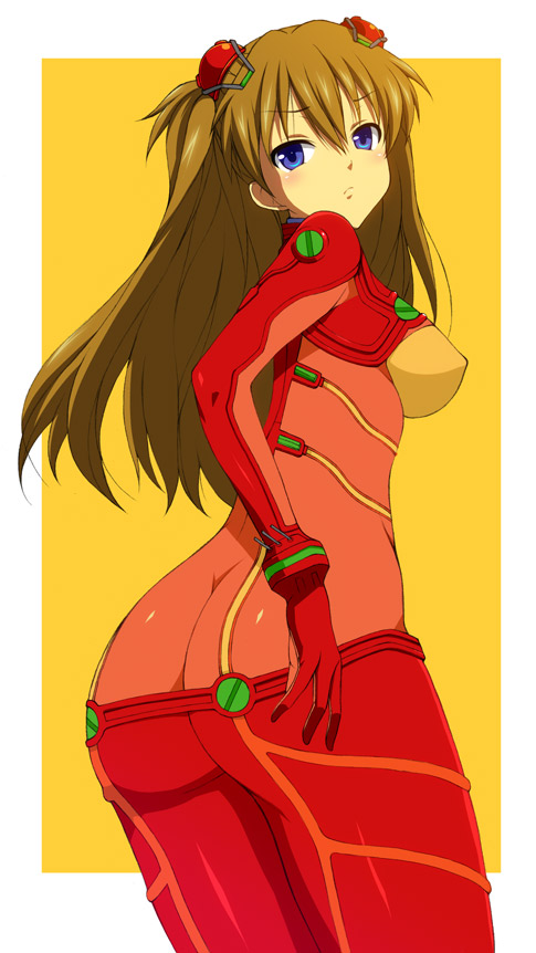 kyoku tou, souryuu asuka langley, neon genesis evangelion, rebuild of evangelion, 00s, 1girl, ass, blue eyes, bodysuit, brown hair, butt crack, female focus, looking back, mecha pilot suit, plugsuit (evangelion), pout, solo, test plugsuit (evangelion)