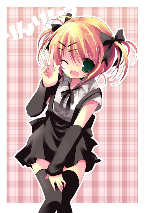 kosuzume, kagamine rin, project diva, project diva (series), vocaloid, bad id, bad pixiv id, 1girl, alternate hairstyle, blonde hair, female focus, gothic lolita, green eyes, hair ornament, hair ribbon, hairclip, lolita fashion, ribbon, short hair, skirt, solo, thighhighs, twintails, v, wink, zettai ryouiki