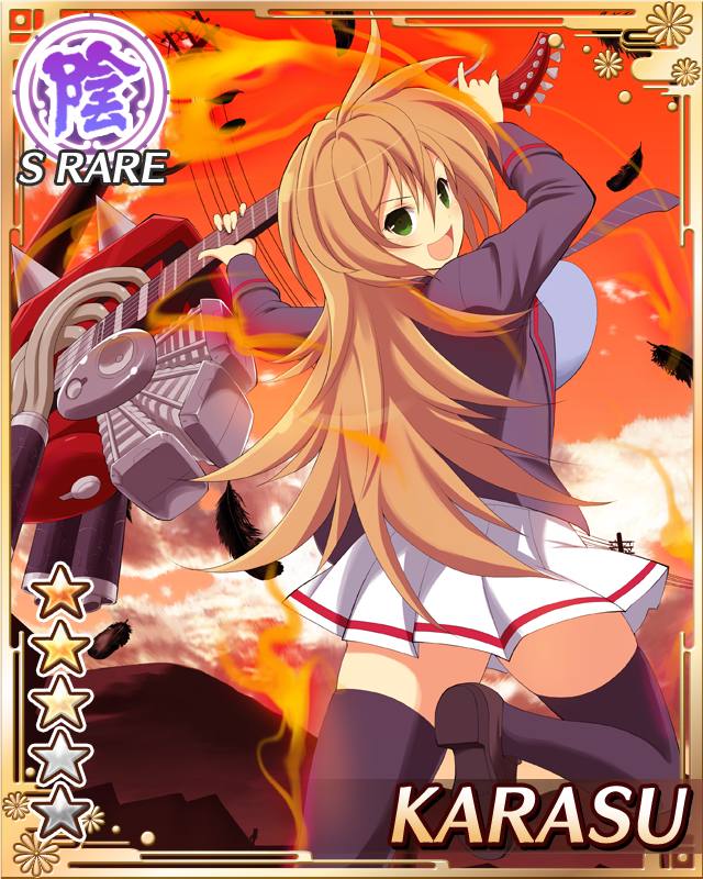 karasu (senran kagura), senran kagura, senran kagura new wave, game cg, official art, 1girl, aura, black coat, black feathers, black necktie, black thighhighs, blue shirt, border, breasts, brown hair, card (medium), character name, coat, diagonal-striped clothes, diagonal-striped necktie, electric guitar, english text, feathers, from behind, green eyes, guitar, holding, holding guitar, holding instrument, instrument, large breasts, long hair, looking at viewer, looking back, necktie, open clothes, open coat, open mouth, outdoors, pleated skirt, red sky, shirt, skindentation, skirt, sky, smile, solo, standing, standing on one leg, striped clothes, thighhighs, white skirt
