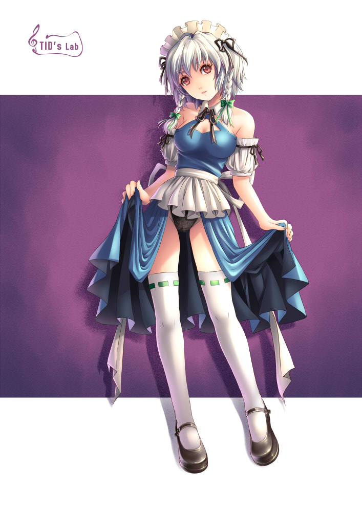 tidsean, izayoi sakuya, embodiment of scarlet devil, touhou, silver hair, bad id, bad pixiv id, 1girl, bare shoulders, black panties, braid, female focus, legs, maid headdress, mary janes, panties, red eyes, shoes, short hair, solo, thighhighs, twin braids, underwear