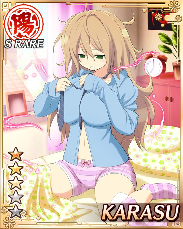 karasu (senran kagura), senran kagura, senran kagura new wave, game cg, official art, 1girl, alarm clock, aura, bedroom, black necktie, blue shirt, border, breasts, brown hair, card (medium), changing clothes, character name, clock, day, diagonal-striped clothes, diagonal-striped necktie, english text, green eyes, large breasts, long hair, looking down, messy hair, navel, necktie, on bed, pajamas, purple pajamas, purple socks, saliva, shirt, socks, solo, striped clothes