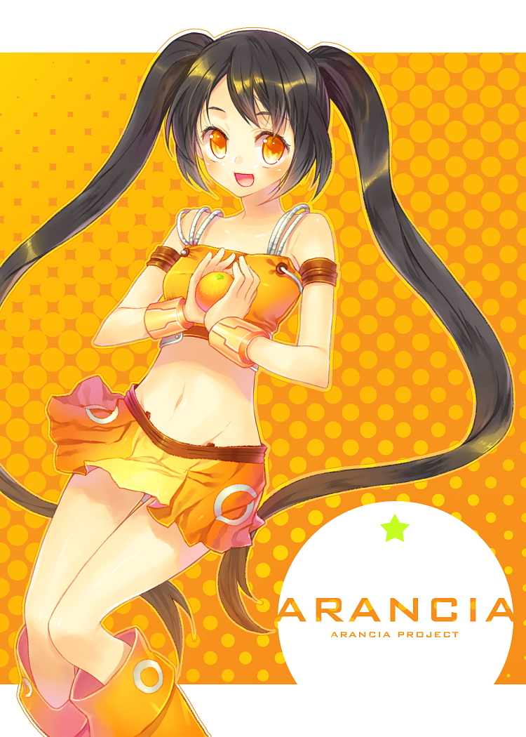 renta, renta (deja-vu), arancia, original, bad id, bad pixiv id, 1girl, bare shoulders, black hair, character name, female focus, food, fruit, groin, halftone, holding, holding food, holding fruit, long hair, midriff, miniskirt, navel, orange (fruit), orange background, orange eyes, orange skirt, orange theme, polka dot, polka dot background, skirt, solo, twintails