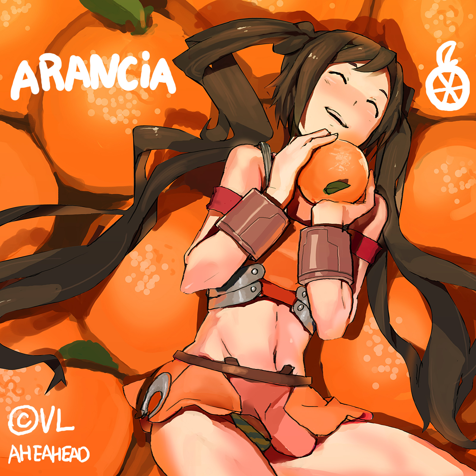 aheahead, arancia, original, highres, 1girl, brown hair, character name, closed eyes, female focus, food, fruit, happy, holding, holding food, holding fruit, midriff, miniskirt, orange (fruit), orange skirt, orange theme, panties, skirt, solo, striped clothes, striped panties, twintails, underwear