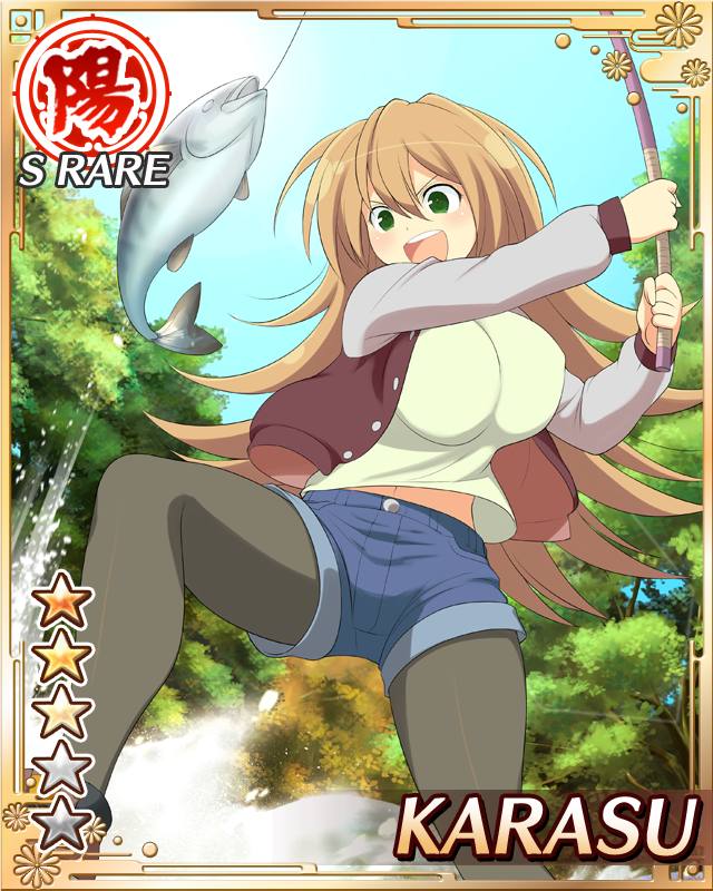 karasu (senran kagura), senran kagura, senran kagura new wave, game cg, official art, 1girl, black pantyhose, border, breasts, brown hair, card (medium), character name, denim, denim shorts, english text, fish, fishing, fishing line, fishing rod, green eyes, holding, holding fishing rod, jacket, large breasts, letterman jacket, long hair, open mouth, pantyhose, shirt, shorts, smile, solo, tree, water, yellow shirt