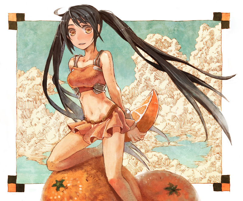 isakawa megumi, arancia, original, bad id, bad pixiv id, 1girl, bare shoulders, black hair, cloud, female focus, food, fruit, long hair, midriff, miniskirt, navel, orange (fruit), orange eyes, orange skirt, skirt, solo, twintails