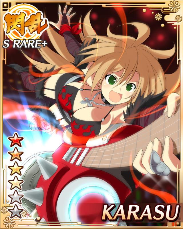 auta magetta, karasu (senran kagura), senran kagura, senran kagura new wave, game cg, official art, 1girl, :d, border, breasts, bridal gauntlets, brown hair, card (medium), character name, cleavage, electric guitar, english text, flame print, green eyes, guitar, holding, holding guitar, holding instrument, instrument, jewelry, large breasts, long hair, necklace, open mouth, smile, solo, thrusters