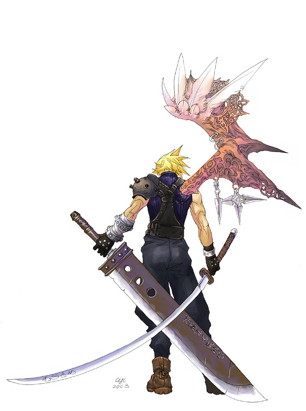 cloud strife, final fantasy, final fantasy vii, 1990s (style), blonde hair, buster sword, dual wielding, holding, katana, masamune (ff7), single wing, sword, weapon, wings