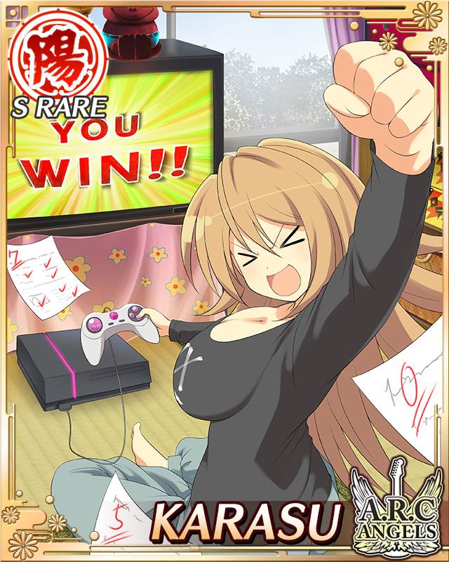 karasu (senran kagura), senran kagura, senran kagura new wave, game cg, official art, > <, 1girl, :d, black shirt, border, breasts, brown hair, card (medium), character name, cleavage, clenched hand, controller, english text, fist pump, game console, game controller, green eyes, holding, holding controller, holding game controller, large breasts, long hair, long sleeves, looking at viewer, looking back, monitor, open mouth, pants, playing games, shirt, smile, solo, test score, video game