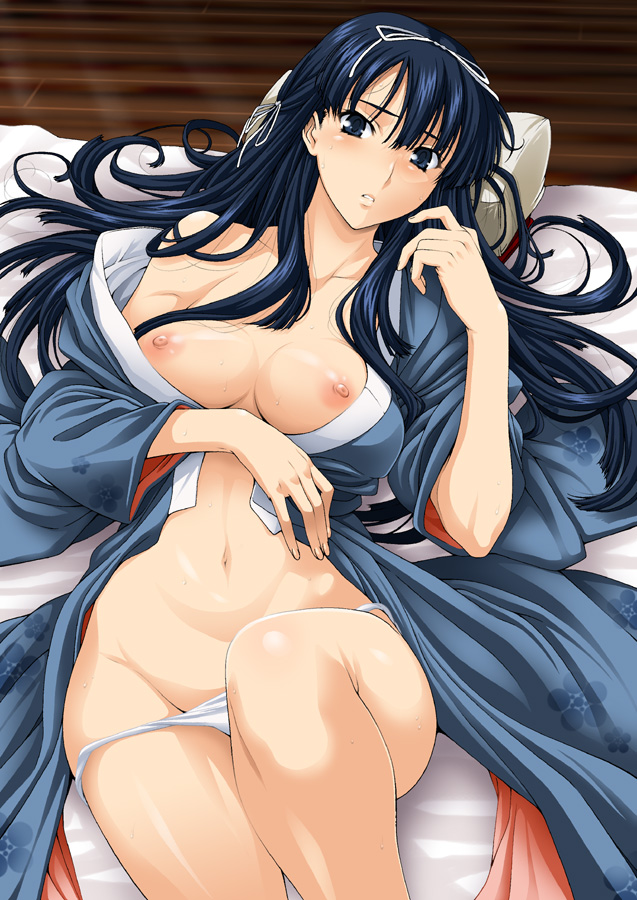 isse, uesugi kenshin (rance), alice soft, rance (series), sengoku rance, 1girl, bare shoulders, blue eyes, blue hair, blue kimono, breasts, cum, female focus, groin, hair ribbon, hip focus, japanese clothes, kimono, large breasts, long hair, lying, matching hair/eyes, navel, nipples, on back, panties, panty pull, ribbon, solo, sweat, underwear, white panties, wide hips, yukata