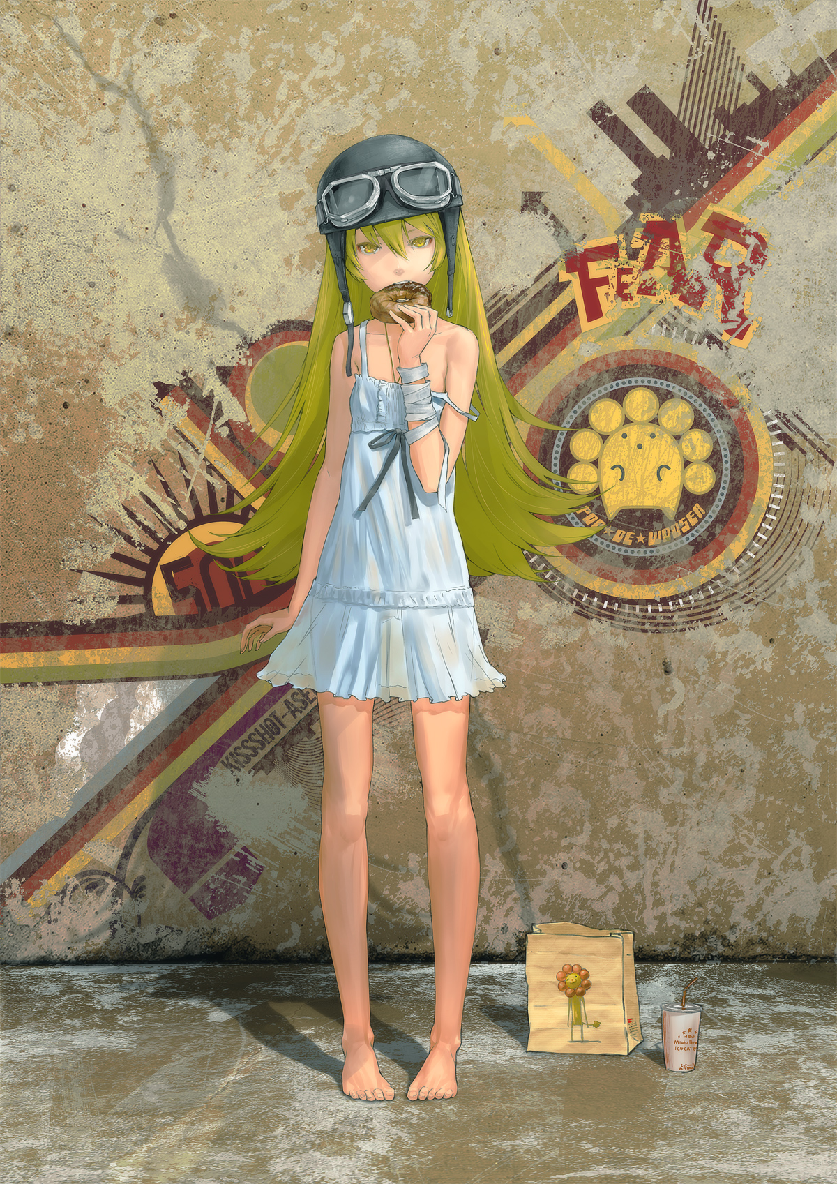 redjuice, oshino shinobu, pon de lion, wooser (character), bakemonogatari, mister donut, monogatari (series), original, wooser no sono higurashi, duplicate, highres, 00s, 10s, 1girl, bandages, barefoot, blonde hair, camisole, child, donut, dress, eating, feet, female focus, food, goggles, graffiti, hat, helmet, legs, long hair, see-through clothes, solo, strap slip, sundress, thigh gap, yellow eyes