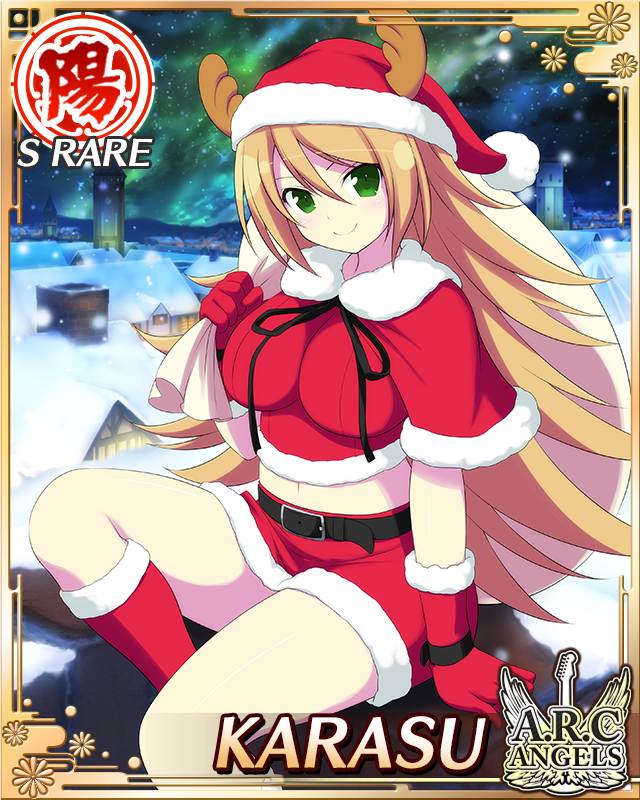 karasu (senran kagura), roomi, senran kagura, senran kagura new wave, game cg, official art, 1girl, antlers, aurora, border, breasts, brown hair, capelet, card (medium), carrying over shoulder, character name, cityscape, closed mouth, english text, fur-trimmed capelet, fur trim, gloves, green eyes, hat, holding, holding sack, horns, large breasts, long hair, looking at viewer, midriff, navel, red capelet, red gloves, reindeer antlers, rooftop, sack, santa costume, santa hat, sitting, smile, solo