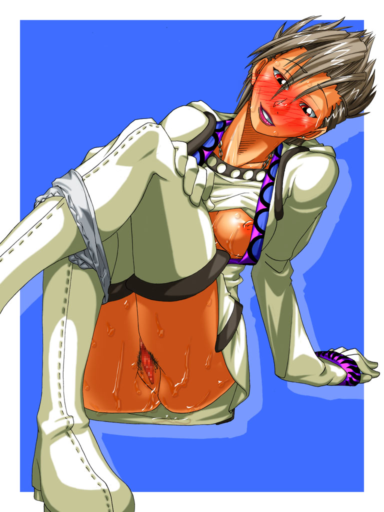 aozoraichi, paine, paine (ff10), white mage (final fantasy), final fantasy, final fantasy x, final fantasy x-2, 00s, 1girl, blush, boots, breasts, censored, clothes lift, crossed legs, dark-skinned female, dark skin, female focus, female pubic hair, gloves, grey hair, grey panties, head tilt, large breasts, lipstick, makeup, mosaic censoring, nipples, no bra, panties, panty pull, pubic hair, pussy, pussy juice, red eyes, shirt lift, short hair, sitting, smile, solo, spiked hair, sweat, thigh boots, thighhighs, underwear, white gloves