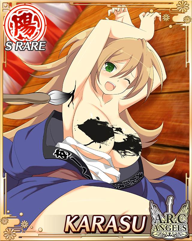 karasu (senran kagura), senran kagura, senran kagura new wave, game cg, official art, 1girl, :o, armpits, arms up, blue kimono, border, breasts, brown hair, calligraphy brush, card (medium), character name, cleavage, english text, green eyes, ink, ink on breast, japanese clothes, kimono, large breasts, laughing, long hair, lying, on side, one eye closed, paintbrush, solo, tearing up, tickling, torn sarashi