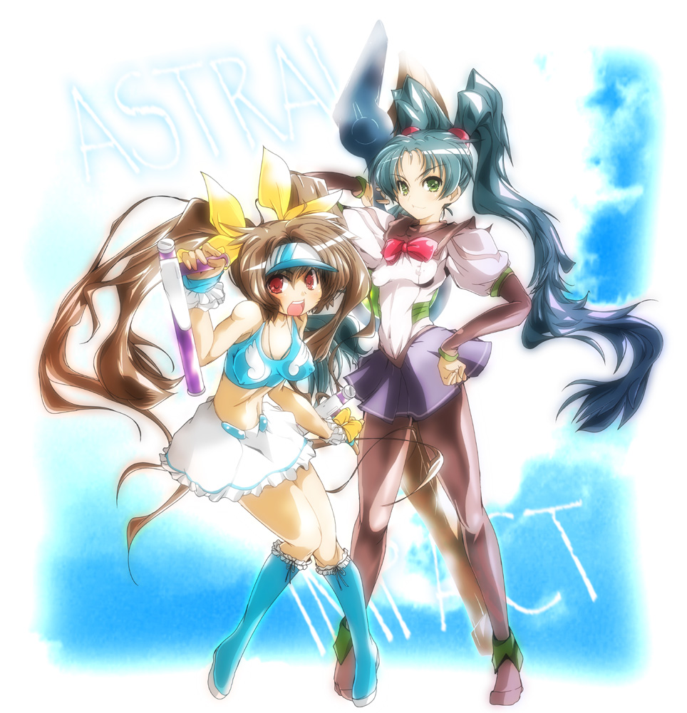 yuumin, hasumi eri, kutuna yui, vanguard princess, 2girls, bow, breasts, covered erect nipples, medium breasts, midriff, multiple girls, pantyhose, small breasts, sword, thighhighs, twintails, weapon, yellow bow