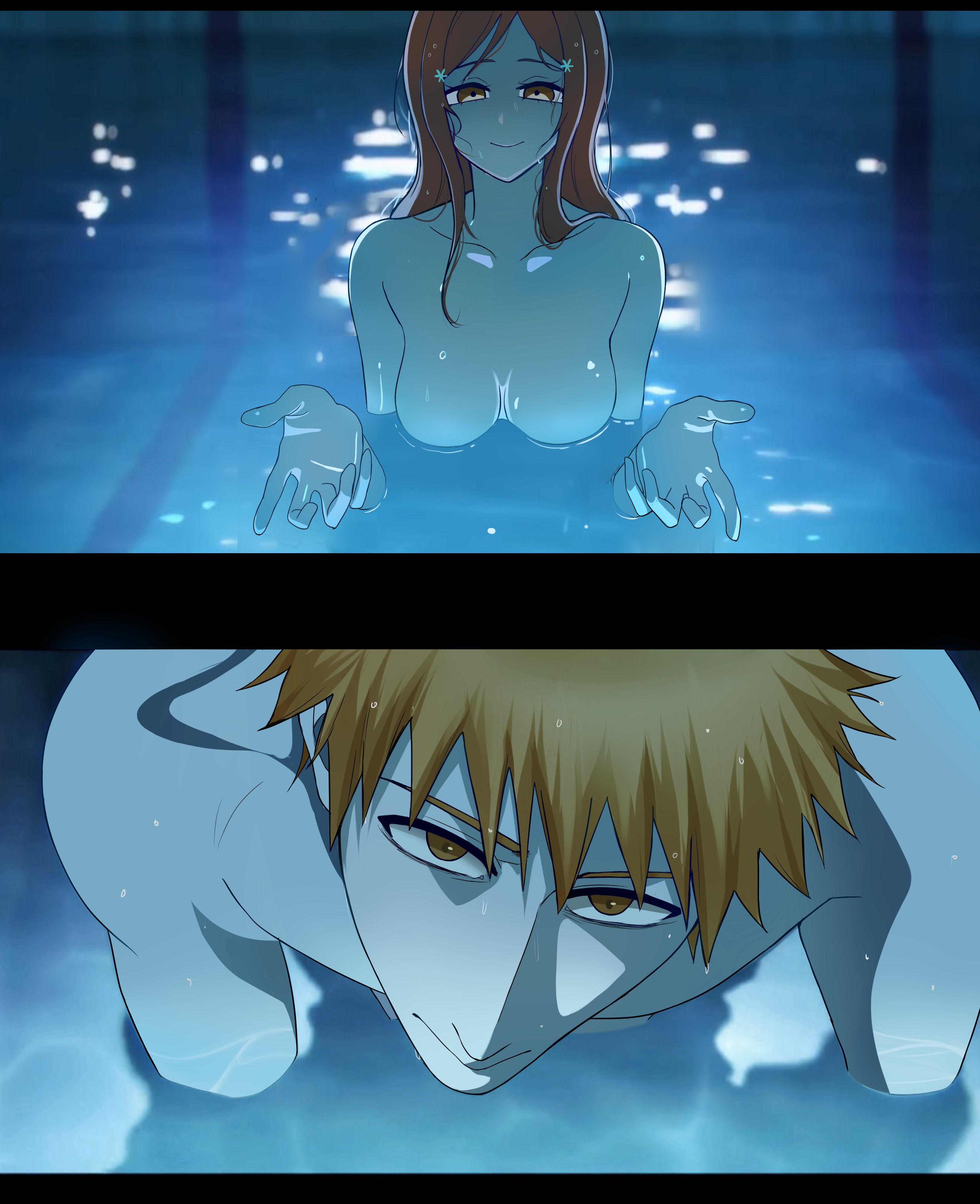 sela (chanppu), inoue orihime, kurosaki ichigo, bleach, chainsaw man, highres, 1boy, 1girl, breasts, brown eyes, closed mouth, hair ornament, hairclip, hetero, i'll teach you everything (chainsaw man), large breasts, long hair, looking at viewer, nude, orange hair, partially submerged, pool, short hair, smile, snowflake hair ornament, water, wet