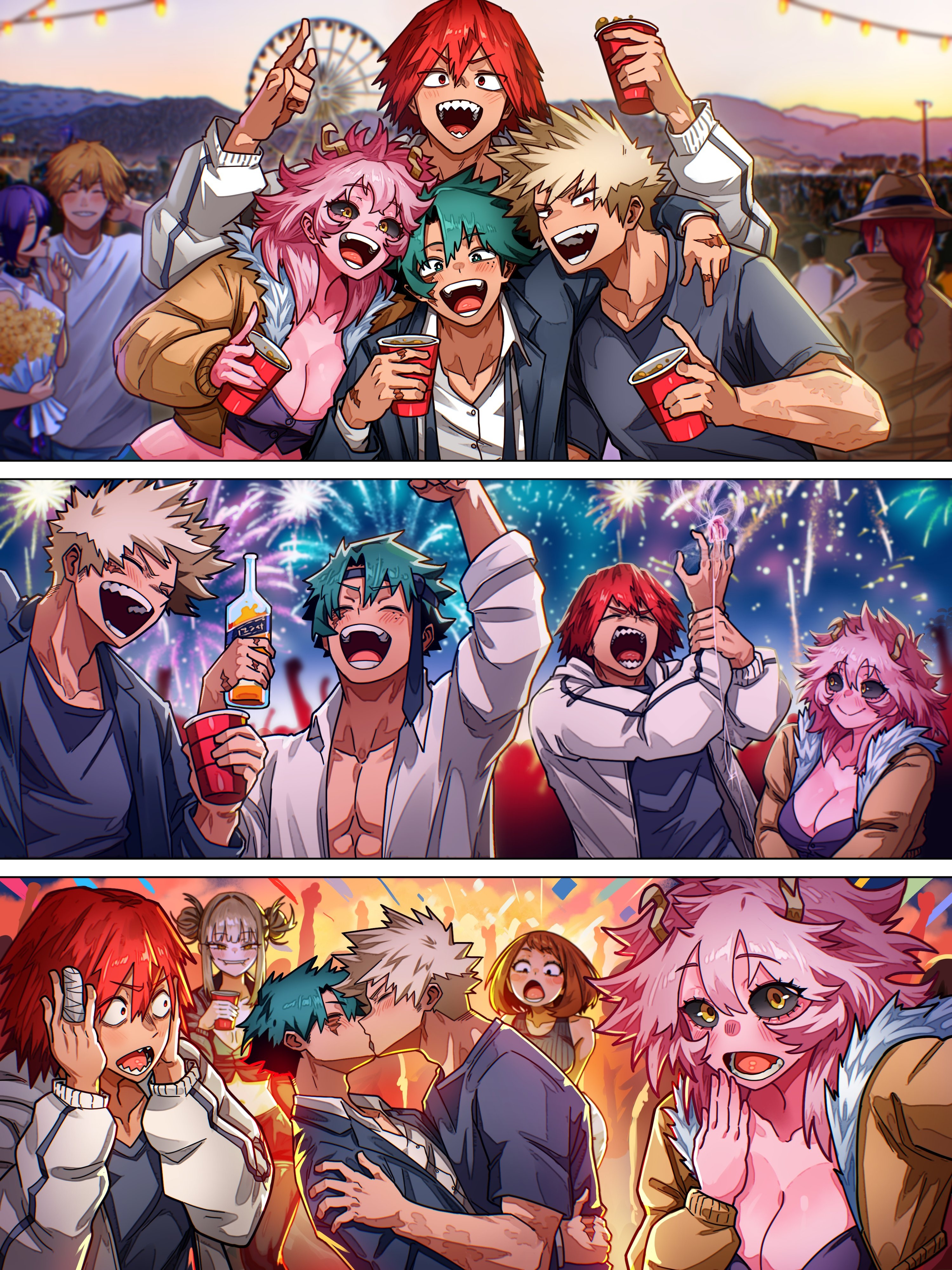 vlizzyvlizz117, ashido mina, bakugou katsuki, kirishima eijirou, midoriya izuku, toga himiko, uraraka ochako, boku no hero academia, 3koma, abs, aged up, alcohol, bakudeku, bandages, black sclera, blonde hair, brown hair, burning, carnival, celebration, colored sclera, colored skin, comic, drinking, fangs, formal clothes, freckles, freklces, green hair, horns, kiss, long hair, messy hair, pink hair, pink skin, red hair, scar, shirt, spiked hair, suit, sweater, yaoi