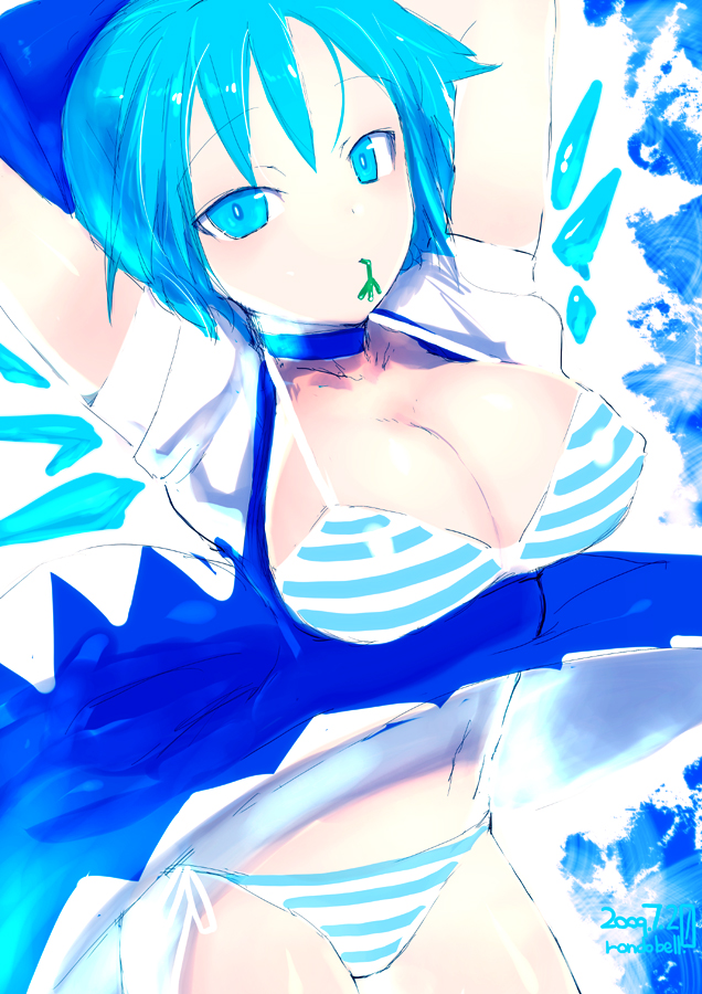 rondo bell, cirno, embodiment of scarlet devil, touhou, striped, bad id, bad pixiv id, 1girl, aged up, alternate breast size (larger), bikini, blue eyes, blue hair, breasts, female focus, frog, large breasts, matching hair/eyes, solo, swimsuit