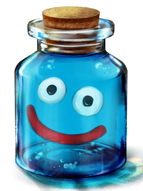 matsuda suzuri, szr (leemh), slime (dragon quest), dragon quest, bad id, bad pixiv id, bottle, bottle meme (pixiv), bubble, cork, creature, glass, jar, no humans, slime (creature), smile