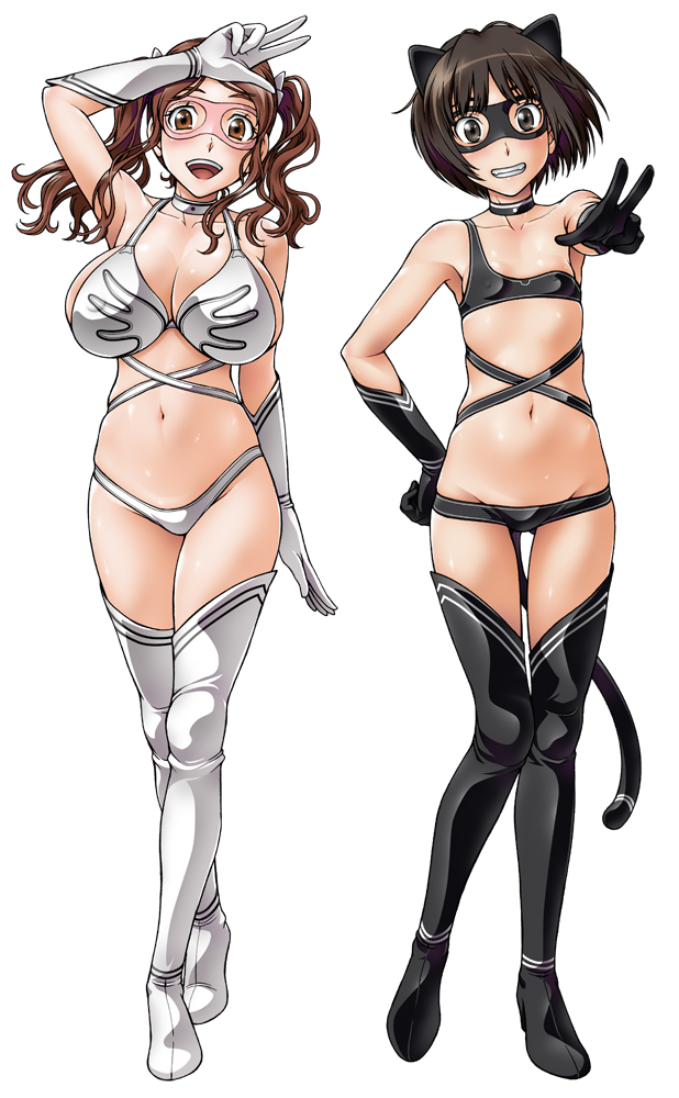 fukudahda, nakata sae, tachibana miya, amagami, 2girls, animal ears, bikini, boots, breasts, brown hair, cat ears, cat tail, choker, cosplay, covered erect nipples, crossed legs, elbow gloves, flat chest, gloves, grin, hand on own hip, hip focus, huge breasts, leather, legs, lowleg, lowleg panties, mask, multiple girls, navel, panties, salute, short hair, skindentation, smile, swimsuit, tail, thigh boots, thigh gap, thighhighs, twintails, underwear, v, watson cross, white gloves