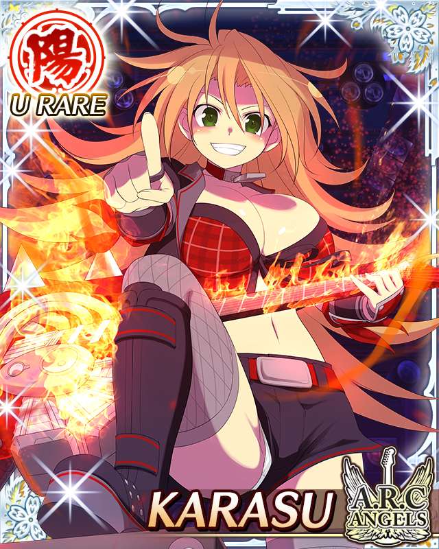 karasu (senran kagura), senran kagura, senran kagura new wave, game cg, official art, 1girl, arm guards, black coat, black shorts, border, breasts, brown hair, card (medium), character name, choker, cleavage, coat, crop top, cropped coat, electric guitar, english text, fire, green eyes, grey thighhighs, grin, guitar, instrument, large breasts, long hair, looking at viewer, midriff, navel, panties, panty peek, plaid clothes, plaid vest, pointing, pointing at viewer, red vest, shorts, skindentation, smile, solo, thighhighs, underwear, vest, white panties