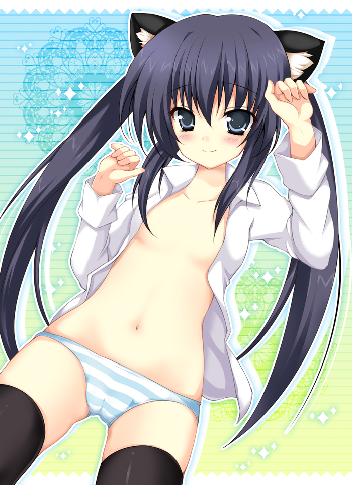 herurun, nakano azusa, k-on!, striped, bad id, bad pixiv id, 00s, 1girl, animal ears, black eyes, black hair, female focus, loli, long hair, navel, solo, thighhighs, twintails