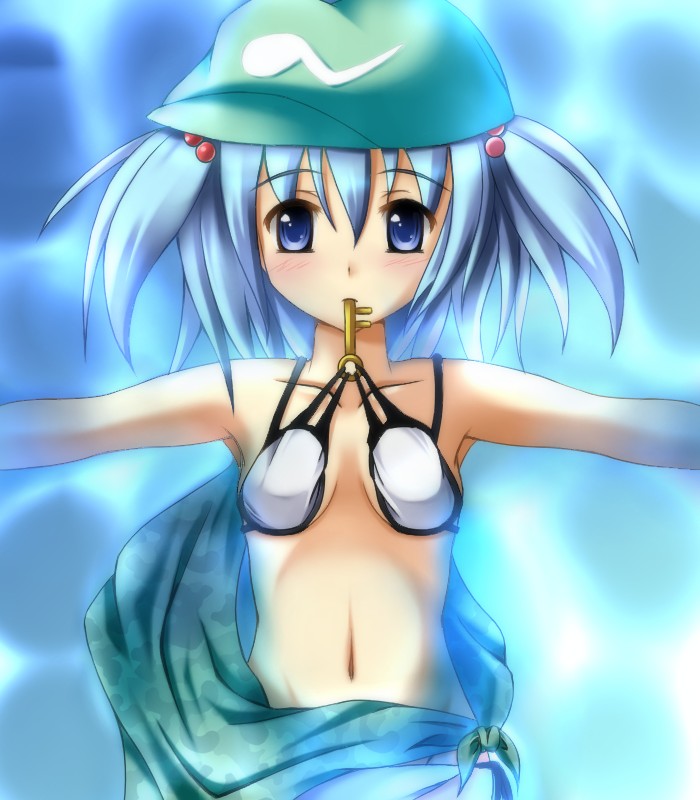 mumei (pokolv), kawashiro nitori, touhou, bad id, bad pixiv id, 1girl, bare shoulders, bikini, blue eyes, blue hair, female focus, hair bobbles, hair ornament, hat, key, matching hair/eyes, mouth hold, navel, sarong, solo, swimsuit, twintails, two side up, white bikini