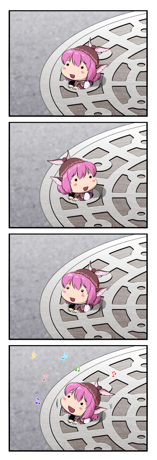 ogu (oguogu), mystia lorelei, touhou, highres, 1girl, 4koma, animal ears, beamed quavers, chibi, comic, female focus, hat, manhole, mini person, minigirl, music, musical note, pink hair, quaver, silent comic, singing, solo, stuck, tears