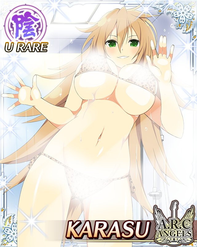 karasu (senran kagura), senran kagura, senran kagura new wave, game cg, official art, 1girl, against glass, bikini, blush, border, breast press, breasts, breasts on glass, brown hair, card (medium), character name, cleavage, english text, green eyes, hand on glass, large breasts, long hair, looking at viewer, navel, parted lips, polka dot, polka dot bikini, shower (place), side-tie bikini bottom, smile, solo, steam, swimsuit